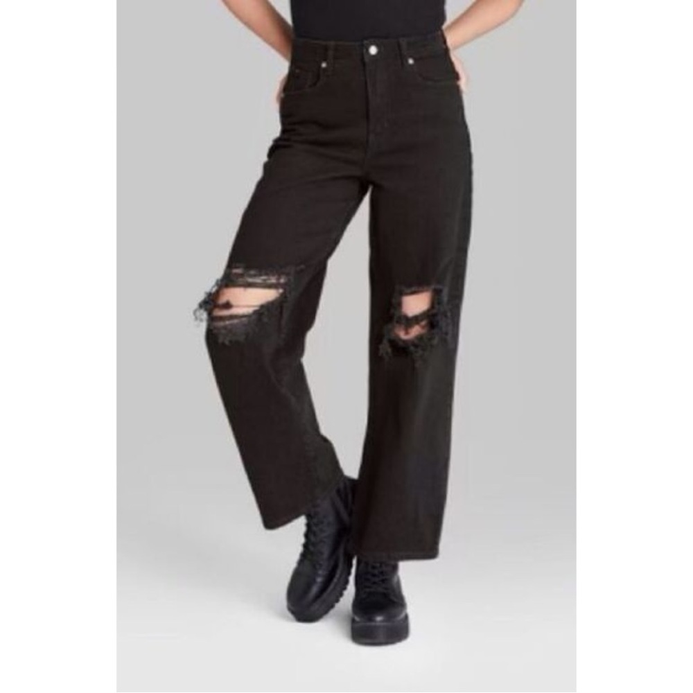 New Wild Fable Highest Rise Baggy Ripped Knees Jean Size 00/24R in Black